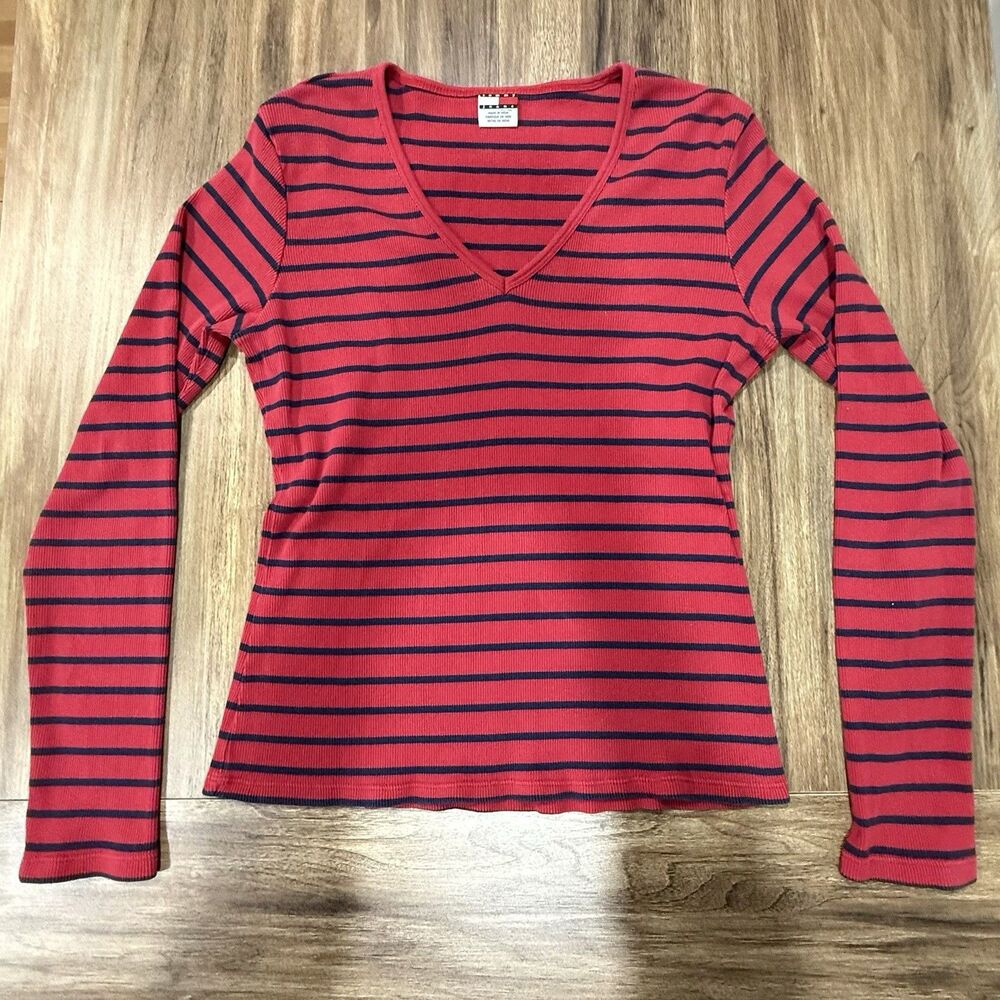 Tommy Hilfiger Womens Striped V Neck Sweater Red Navy Blue Long‎ Sleeves Size XL